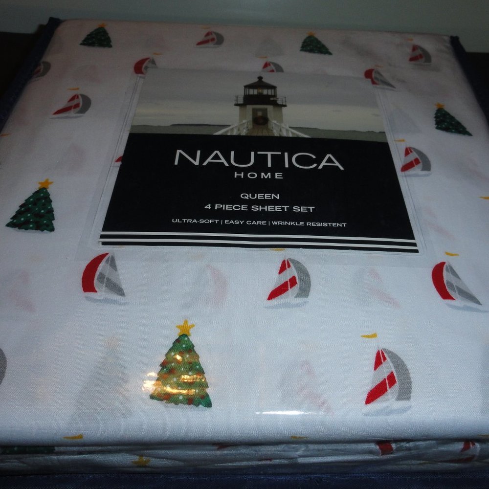 NAUTICA Queen Sheet Set, NEW 4-PC, Sailboat, Polyester, White Red Green, H163